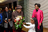 Minister Maite Nkoana-Mashabane receives the President of Liberia, Ms Ellen Johnson Sirleaf, at the OR Tambo International Airport State Protocol Lounge. Amohetswe Motholo (5) hands over flowers to the President, and Minister Bathabile Dlamini is also present, Johannesburg, South Africa, 11 August 2017.