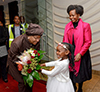 Minister Maite Nkoana-Mashabane receives the President of Liberia, Ms Ellen Johnson Sirleaf, at the OR Tambo International Airport State Protocol Lounge. Amohetswe Motholo (5) hands over flowers to the President, and Minister Bathabile Dlamini is also present, Johannesburg, South Africa, 11 August 2017.