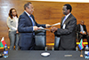 Secretary of State at the Ministry of Foreign Affairs in charge of Cooperation and Development, Mr Bary Rafatrolaza, and Acting Deputy Director General: Africa, Ambassador Ganga Tsengiwe, sign the MOU during the Madagascar Investors Conference hosted by the Department of Trade and Industry (the dti) in partnership with the Department of International Relations and Cooperation (DIRCO) and the Development Bank of Southern Africa (DBSA), Pretoria, South Africa, 15 June 2017.